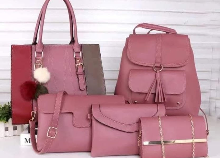 5-Piece Pink Tassel Backpack & Handbag Set – Tote, Crossbody, Clutch & Chain Bag