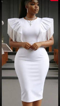 White Fringe Shoulder Bodycon Midi Dress – Church & Event Ready