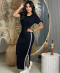 Black Stripe Trim Bodycon Maxi Dress – Sporty Chic Side Slit