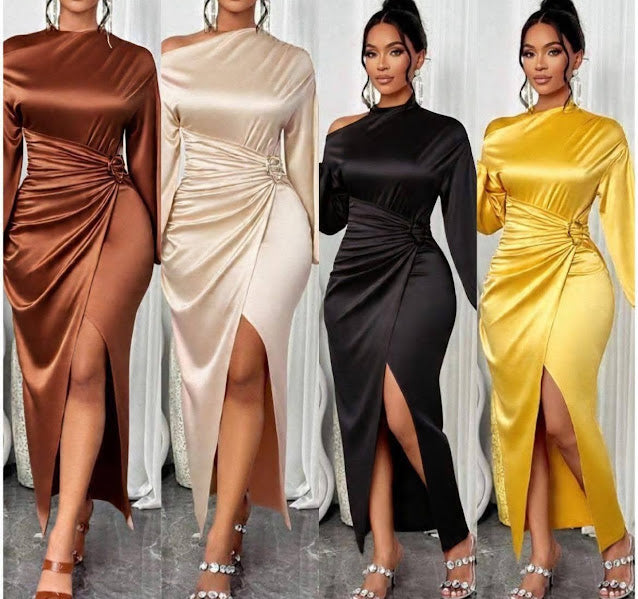 Satin Ruched Side-Slit Maxi Dress – Long Sleeve