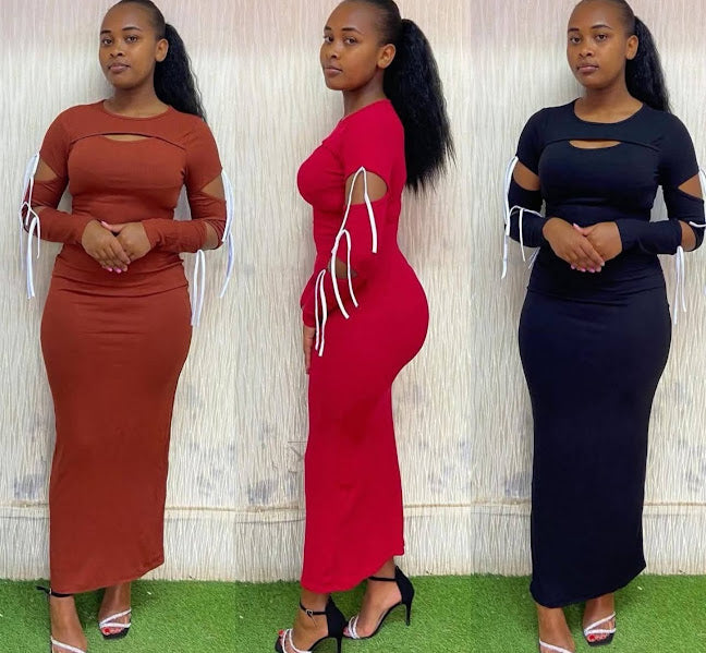 Women's Cutout Bodycon Maxi Dress – Long Sleeve with Tie Detail