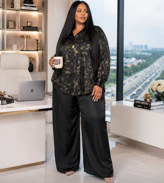 Black Gold Botanical Print Shirt & Satin Wide-Leg Trouser Set
