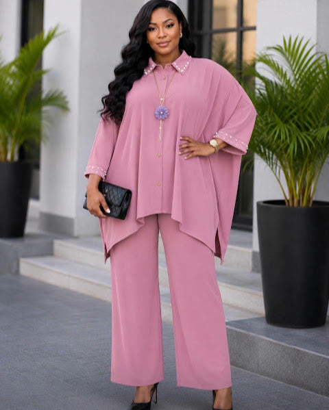 Dusty Rose Pearl Trim Batwing Blouse & Trouser Set