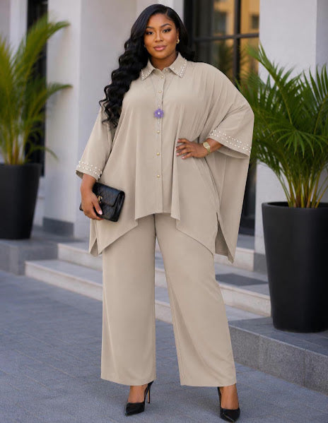 Dusty Rose Pearl Trim Batwing Blouse & Trouser Set