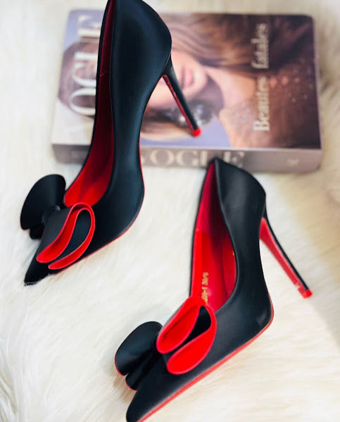 Black Satin Red Bow Stiletto Heels