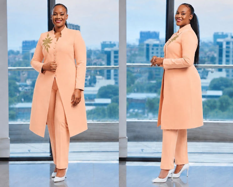 Blush Peach Gold Embroidery Longline Blazer & Trouser Set