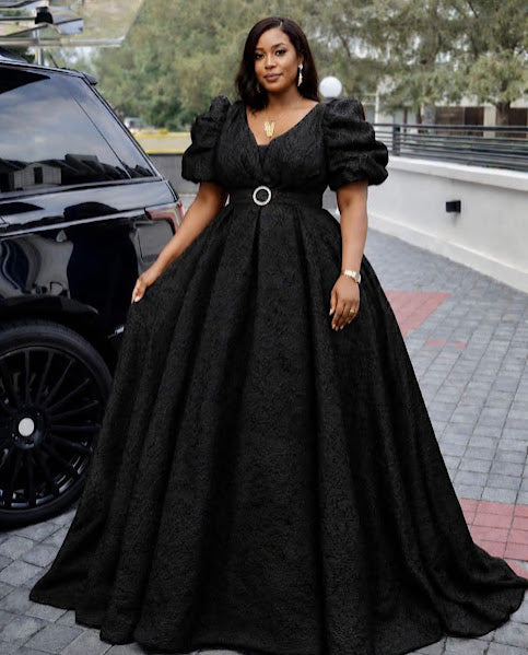 Black Lace Puff Sleeve Ball Gown