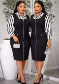 Black Stripe Sleeve Zip-Front Bodycon Dress