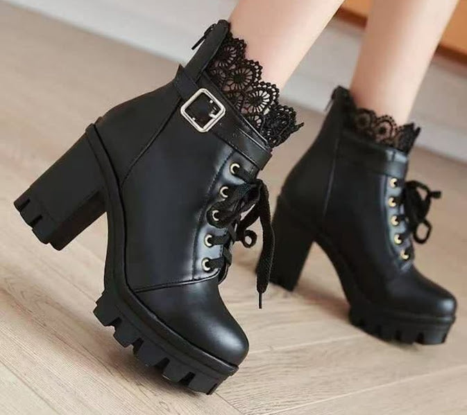 Black Lace Trim Platform Ankle Boots
