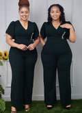 Black Puff Sleeve V-Neck Jumpsuit with Floral Pin