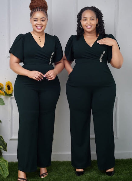 Black Puff Sleeve V-Neck Jumpsuit with Floral Pin