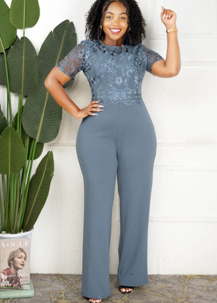 Dusty Blue Floral Lace Top Wide-Leg Jumpsuit