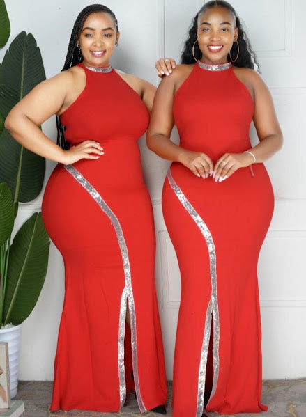 Red Sequin Trim Halter Maxi Dress