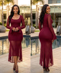 Burgundy Mesh Overlay Long Sleeve Dress