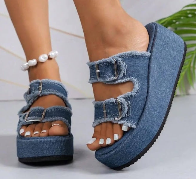 Denim Platform Buckle Sandals