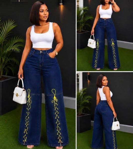 Dark Wash Wide Leg Jeans with Neon Lace-Up Detail