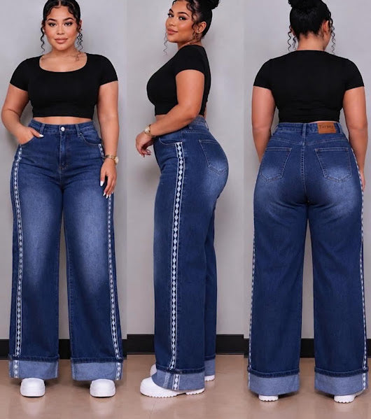High Waist Wide Leg Jeans with Diamond Side Stripe