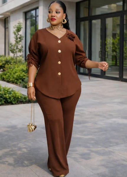 Women's Plus Size 2-Piece Tunic & Wide Leg Pants Set – Gold Button V-Neck Outfit