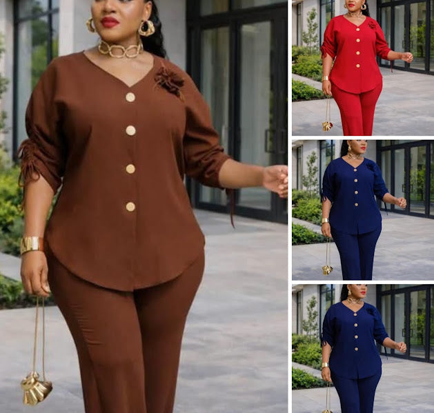 Women's Plus Size 2-Piece Tunic & Wide Leg Pants Set – Gold Button V-Neck Outfit