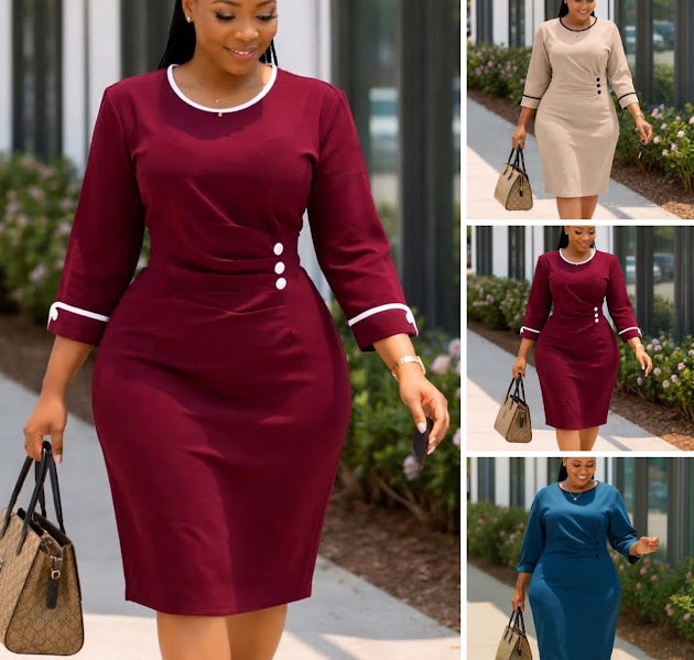 Women's Contrast Trim Bodycon Office Dress – 3/4 Sleeve Pencil Midi Dress