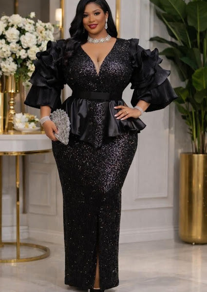 Women's Plus Size Sequin Evening Gown – Ruffle Sleeve Peplum Formal Dress