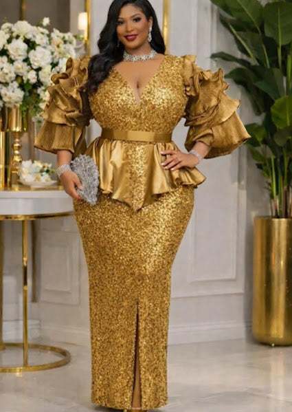 Women's Plus Size Sequin Evening Gown – Ruffle Sleeve Peplum Formal Dress