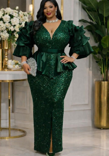 Women's Plus Size Sequin Evening Gown – Ruffle Sleeve Peplum Formal Dress