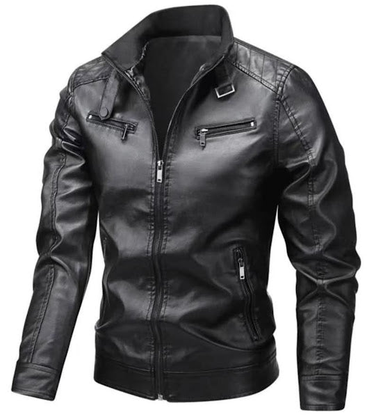 Men's Faux Leather Biker Jacket – Stand Collar Moto Zip Jacket