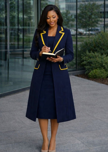 Women's 2-Piece Dress Suit – Long Blazer Coat & Midi Dress with Gold Trim