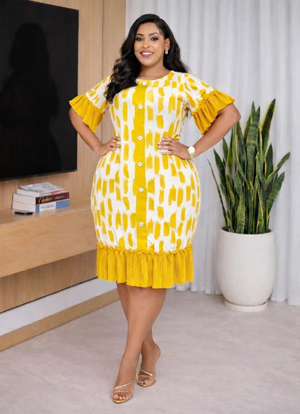 Women's Plus Size Abstract Print Ruffle Dress – Flutter Sleeve Button Midi
