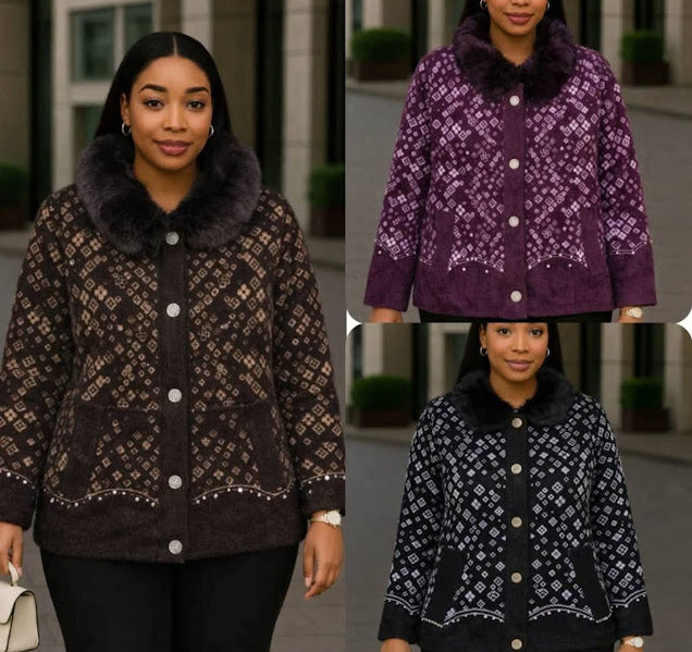 Women's Fur Collar Quilted Jacket – Diamond Pattern Rhinestone Button Coat