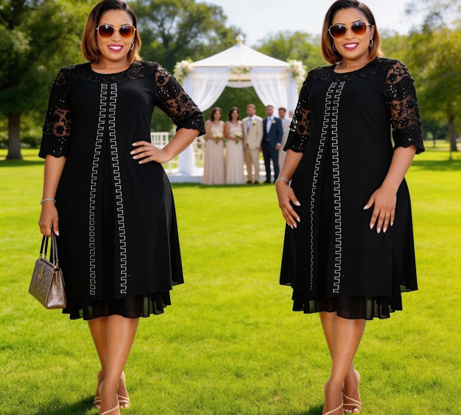 Lace Sleeve Sequin Trim Midi Dress