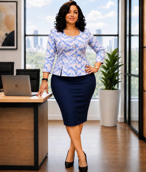Pixel Print Peplum Blazer & Pencil Skirt Two-Piece Set