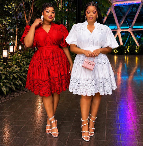 Puff Sleeve Eyelet Lace Skater Dress