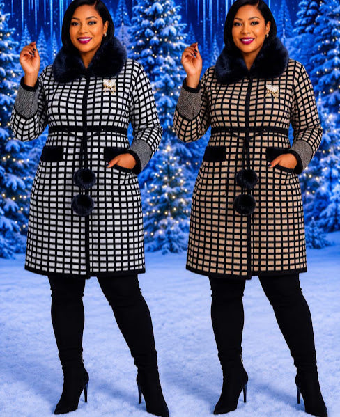 Plaid Faux Fur Collar Belted Coat