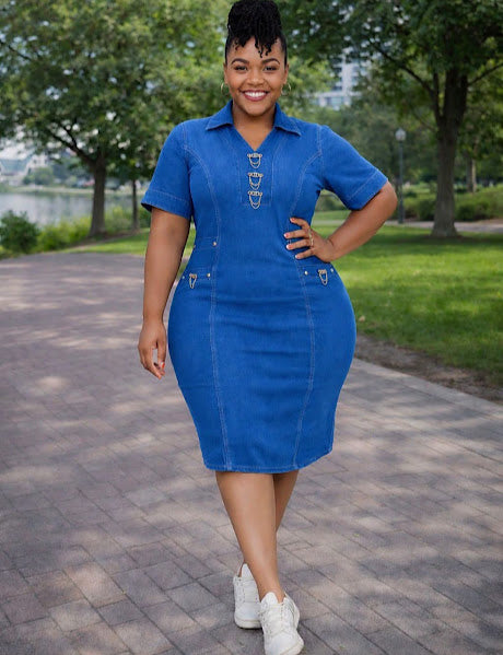 Royal Blue Denim Bodycon Zip Dress
