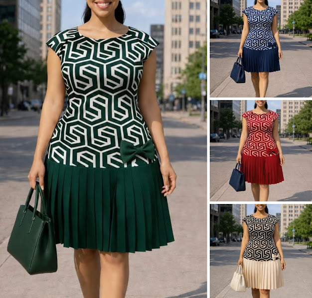Geometric Print Pleated Bow Dress