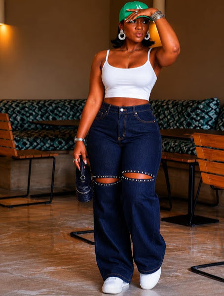 Wide Leg Cutout Rhinestone Jeans