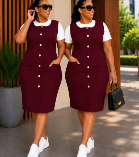 Button-Front Pinafore Midi Dress & Tee Two-Piece Set