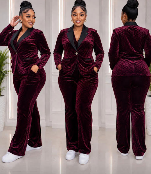Burgundy Velvet Blazer and Wide-Leg Pants Two-Piece Suit front and back view