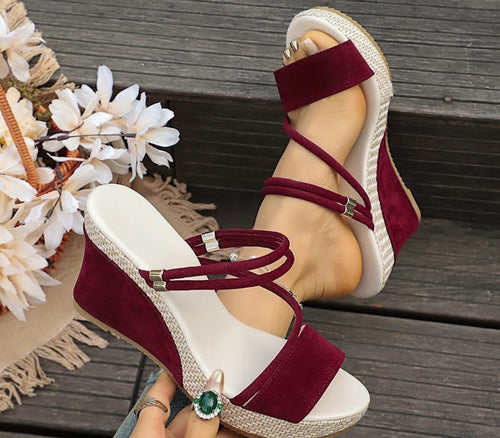 Burgundy Criss-Cross Wedge Sandals