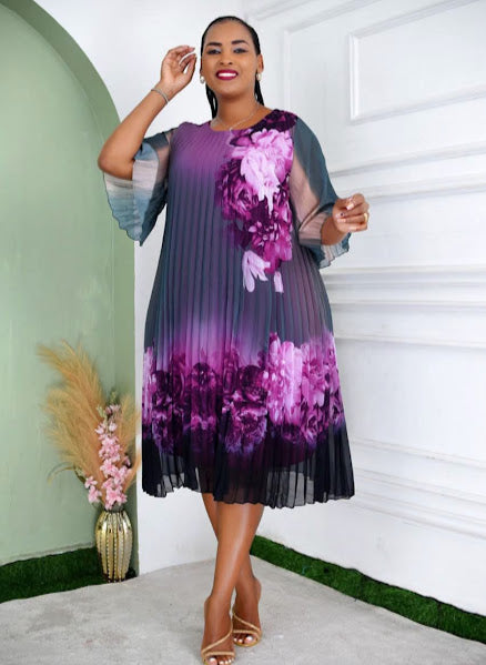 Purple Floral Pleated Midi Dress