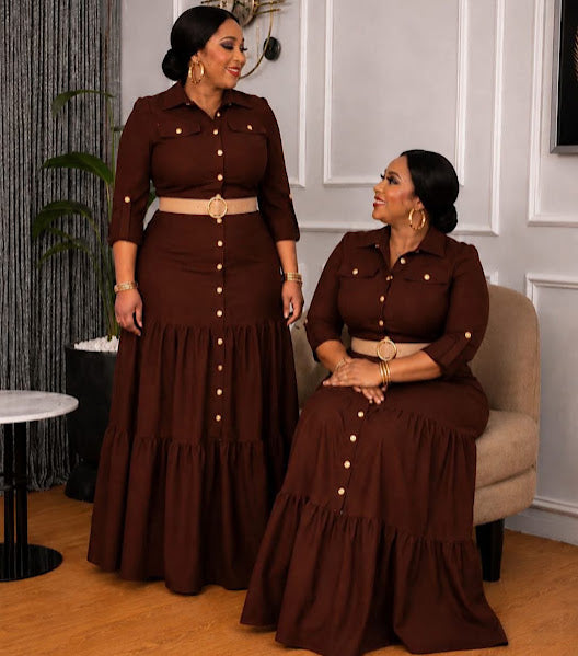 Chocolate Brown Button-Front Tiered Maxi Dress