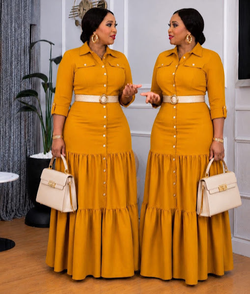 Chocolate Brown Button-Front Tiered Maxi Dress