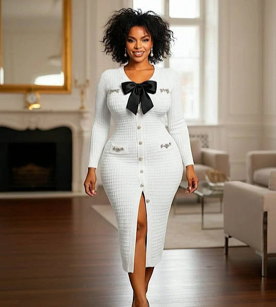 White Ribbed Knit Button-Front Bow Midi Dress