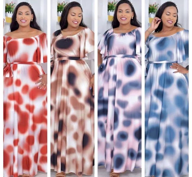 Tie-Dye Spot Print Off-Shoulder Belted Maxi Dress
