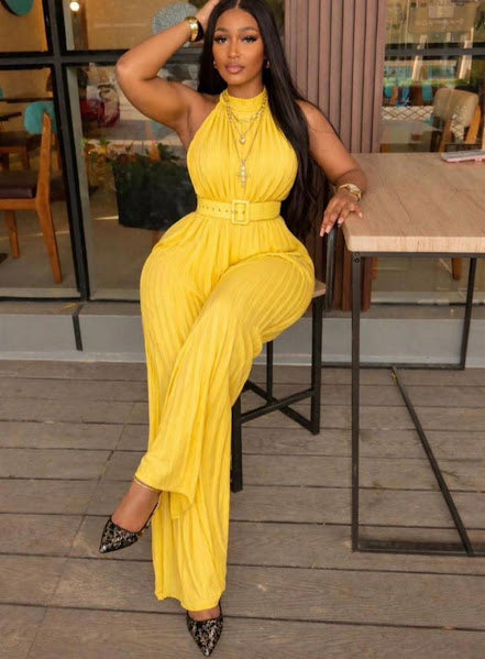 Sunshine Yellow Halter Belted Wide-Leg Jumpsuit