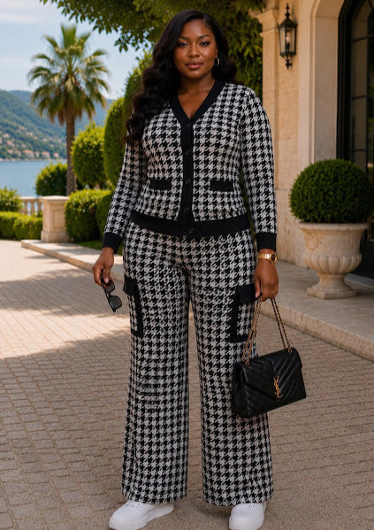 Houndstooth Knit Cardigan & Wide-Leg Pants Set