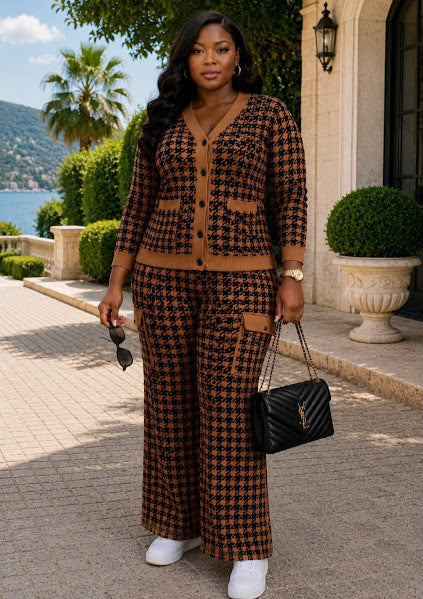 Houndstooth Knit Cardigan & Wide-Leg Pants Set
