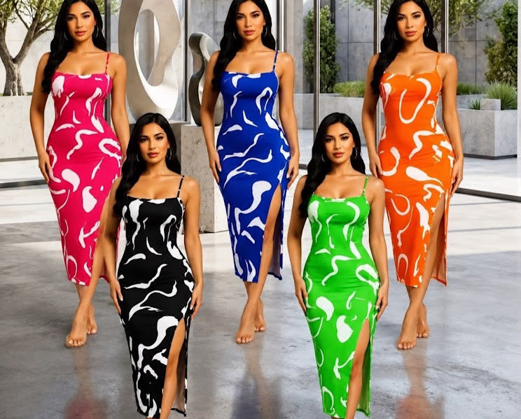 Abstract Print Spaghetti Strap Midi Dress